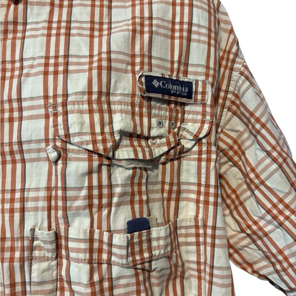 Columbia PFG Men's Texas Longhorns Plaid Fishing Shirt Orange and White XL